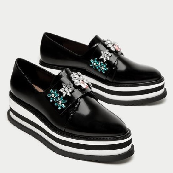 New Zara Trafaluc Bejeweled Platform black Shoes